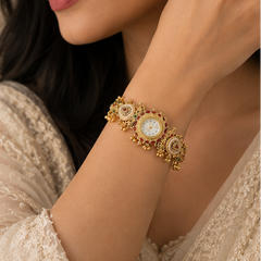 Gold Temple Watch with Kundan Work, Pearls, and Ruby-Emerald Accents