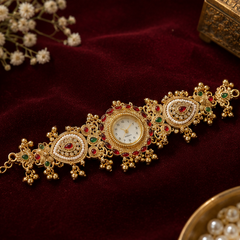 Gold Temple Watch with Kundan Work, Pearls, and Ruby-Emerald Accents