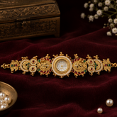 Gold Temple Watch with Owl Motifs & Gemstone Accents