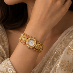 Gold Temple Watch with Owl Motifs & Gemstone Accents