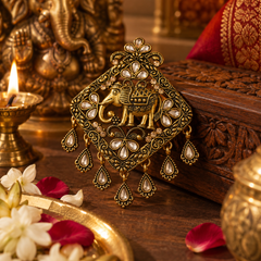Antique Gold Royal Elephant Kundan Brooch with Dangling Charms