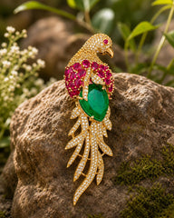 Emerald Ruby Feather Saree Pin Brooch