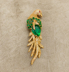Emerald Gemstone Feather Studded Bird Saree Pin Brooch