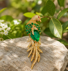 Emerald Gemstone Feather Studded Bird Saree Pin Brooch