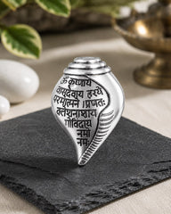 Silver Plated Shankh (conch shell) Features Sacred Krishna Mantra Engraved Brooch