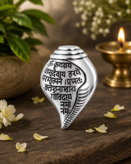 Silver Plated Shankh (conch shell) Features Sacred Krishna Mantra Engraved Brooch