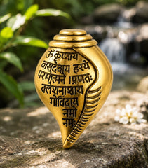 Gold Plated Shankh (conch shell) Features Sacred Krishna Mantra Engraved Brooch