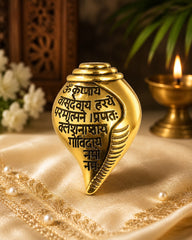 Gold Plated Shankh (conch shell) Features Sacred Krishna Mantra Engraved Brooch