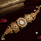 Floral Gold Temple Watch with Ruby-Emerald Stones & Pearl Detailing