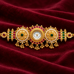 Ethnic Gold Temple Watch with Ruby & Emerald Stones