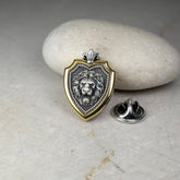 Leo Zodiac Lion Shield Brooch Pin – Fleur-de-Lis Gold Plated Sterling Silver Lapel Badge