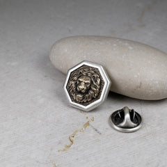 Octagon Pin Lion, Sterling Silver , Men's Brooch Pin, Lion Head, Medieval Pin, Jewelry Accessories, Lapel Badge, Wedding Men Gifts