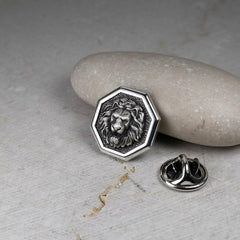Octagon Pin Lion, Sterling Silver , Men's Brooch Pin, Lion Head, Medieval Pin, Jewelry Accessories, Lapel Badge, Wedding Men Gifts