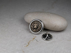 Round Lion Head Pin, Medieval Brooch, Lapel Badge, Gift for Him, Sterling Silver