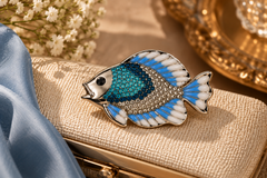 Blue Crystal Fish Brooch with Enamel Detailing