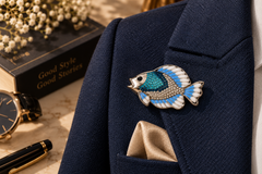 Blue Crystal Fish Brooch with Enamel Detailing