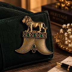 Antique Gold Royal Lion Brooch with Emerald Green Stones