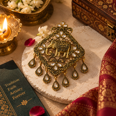 Antique Gold Royal Elephant Kundan Brooch with Dangling Charms