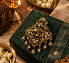 Antique Gold Royal Elephant Kundan Brooch with Dangling Charms