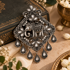 Oxidised Silver Royal Elephant Brooch with Teardrop Stones
