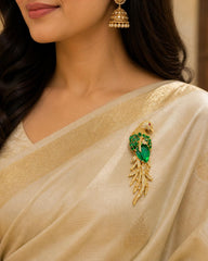 Emerald Gemstone Feather Studded Bird Saree Pin Brooch