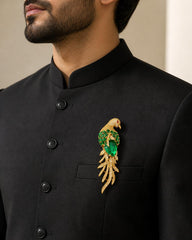 Emerald Gemstone Feather Studded Bird Saree Pin Brooch