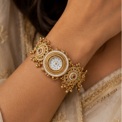 Floral Gold Temple Watch with Ruby-Emerald Stones & Pearl Detailing