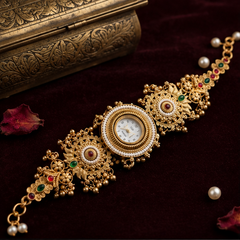 Floral Gold Temple Watch with Ruby-Emerald Stones & Pearl Detailing