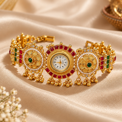 Ethnic Gold Temple Watch with Ruby & Emerald Stones