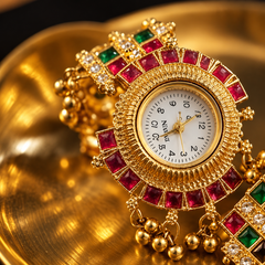 Ethnic Gold Temple Watch with Ruby & Emerald Stones