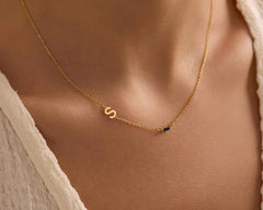 Elegant Sideways Initial Necklace with Personalized Birthstone