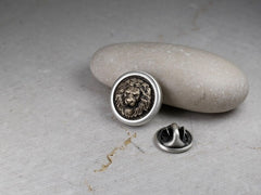 Round Lion Head Pin, Medieval Brooch, Lapel Badge, Gift for Him, Sterling Silver